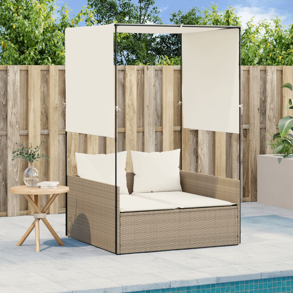 vidaXL Double Sun Lounger with Roof and Curtain Poly Rattan Black