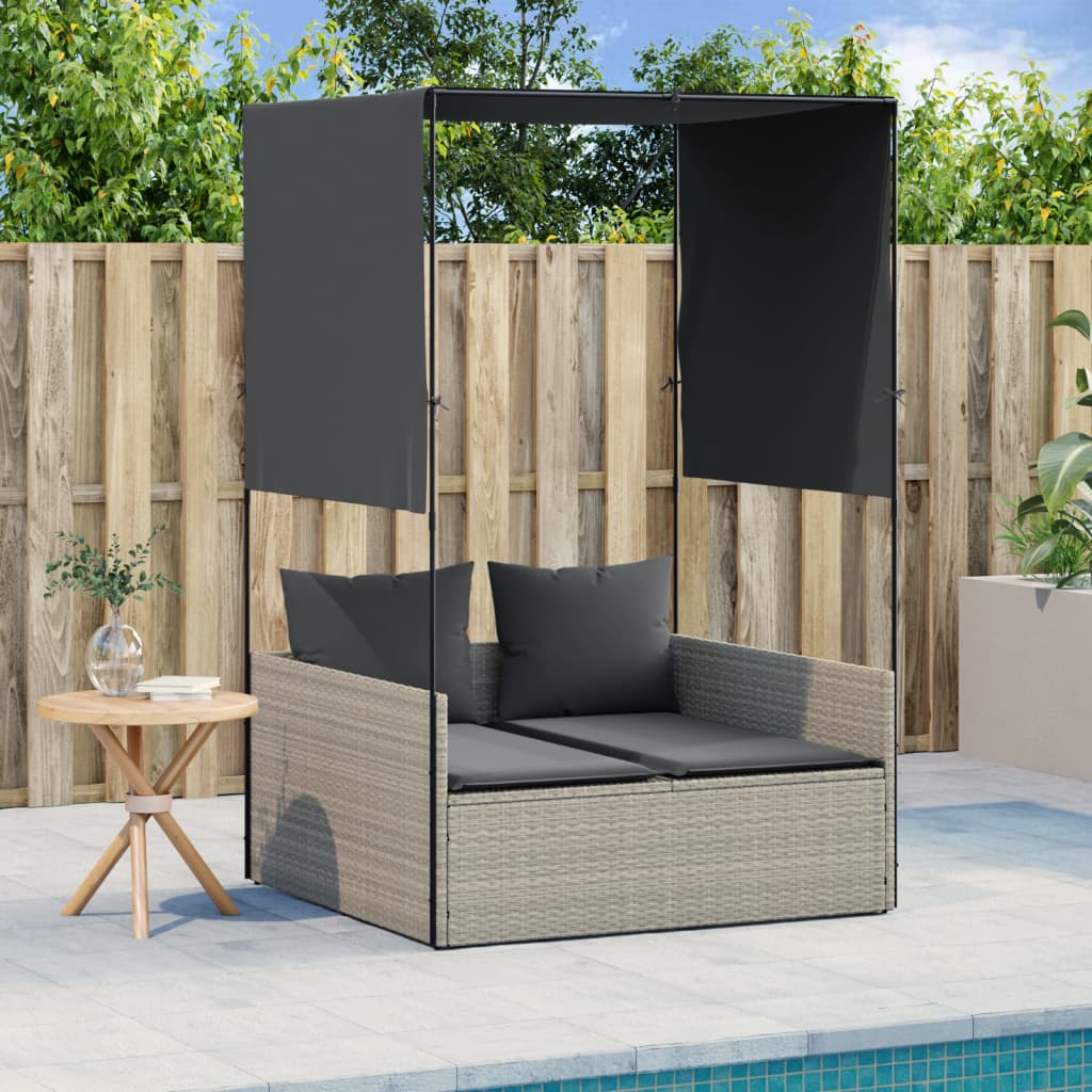 vidaXL Double Sun Lounger with Roof and Curtain Poly Rattan Black