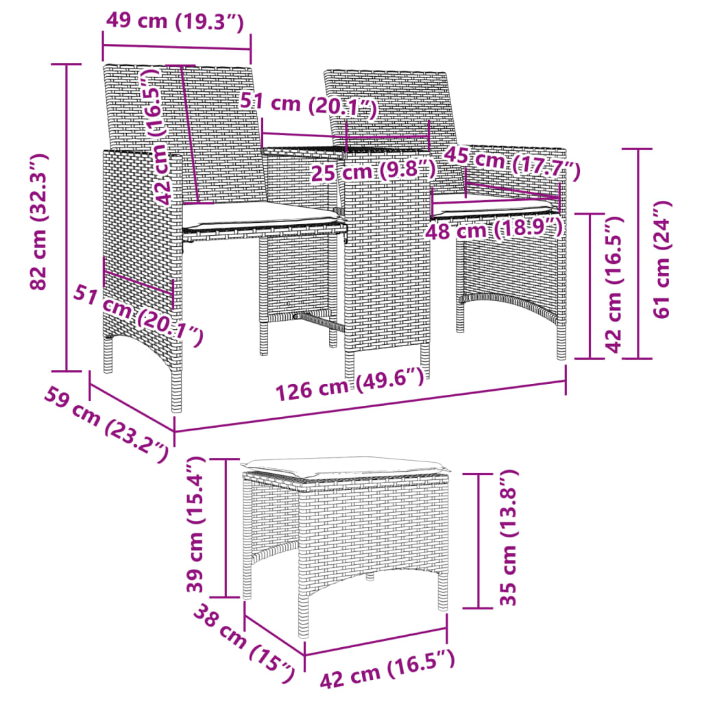 vidaXL Tuinbank 2-zits met tafel en kussens poly rattan zwart