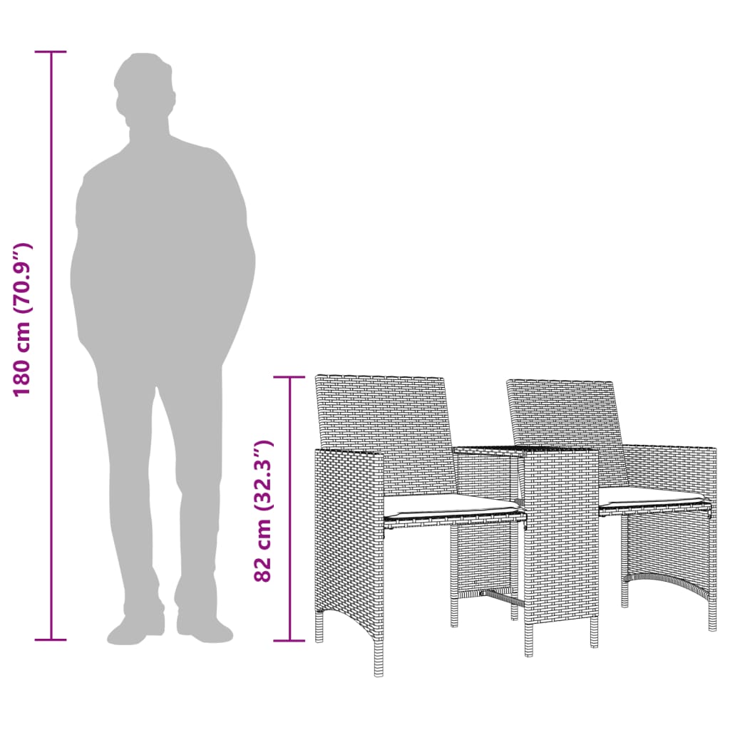 vidaXL Tuinbank 2-zits met tafel en kussens poly rattan zwart