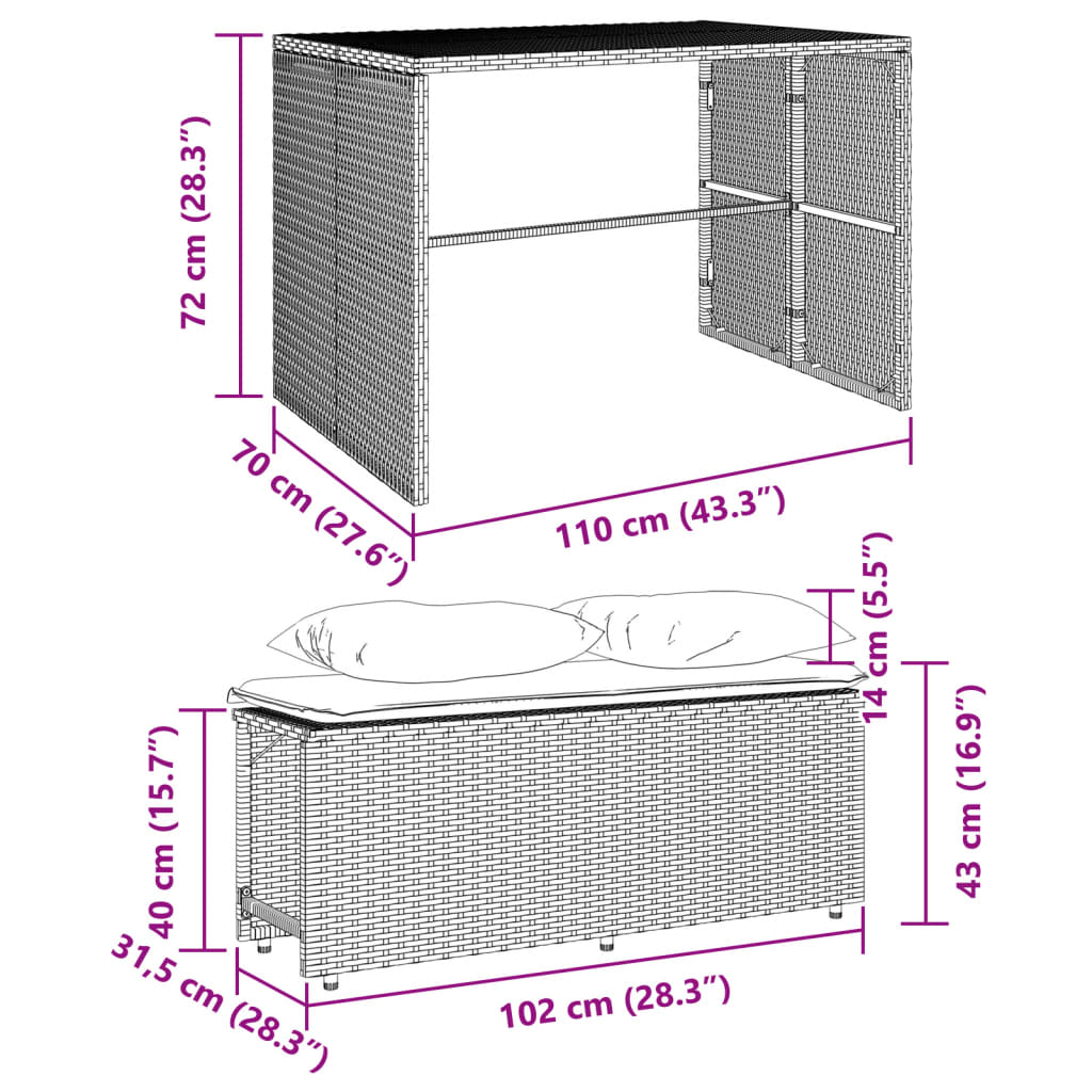 vidaXL 3-delige Tuinset met kussens poly rattan zwart