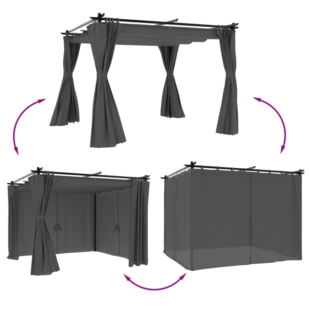 vidaXL Prieel met gordijnen 3x3 m staal crèmekleurig