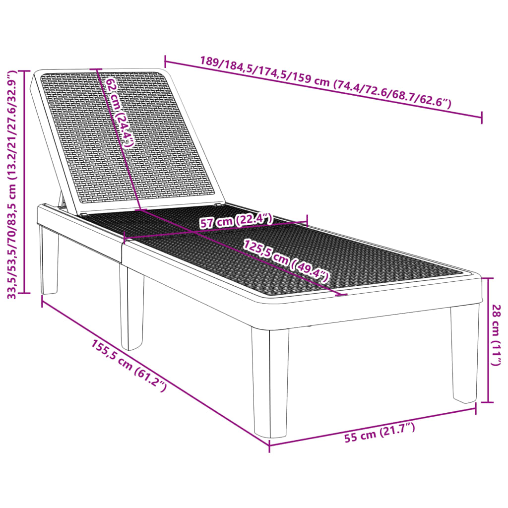 vidaXL Ligbed in 4 standen verstelbaar 155,5x57x28 cm polypropeen