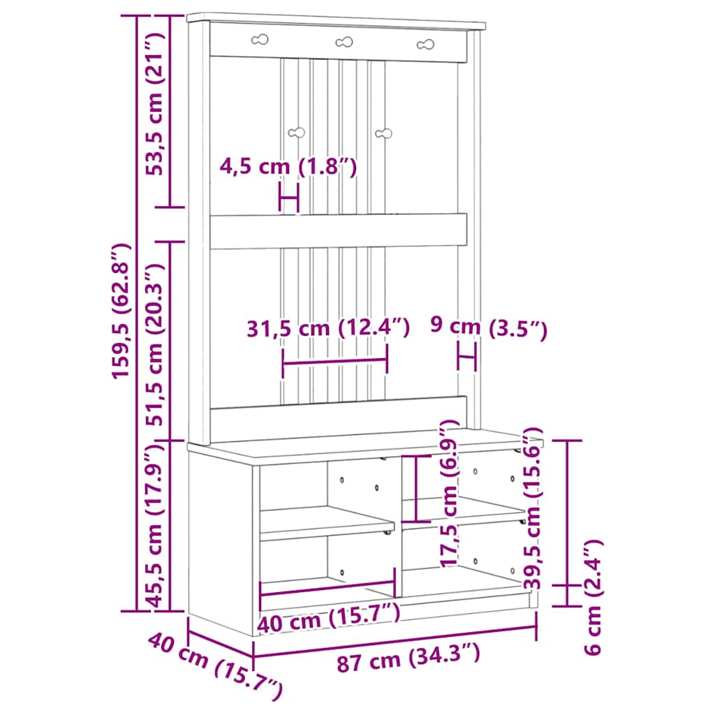 vidaXL Kapstok SANDNES 87x40x159,5 cm massief grenenhout