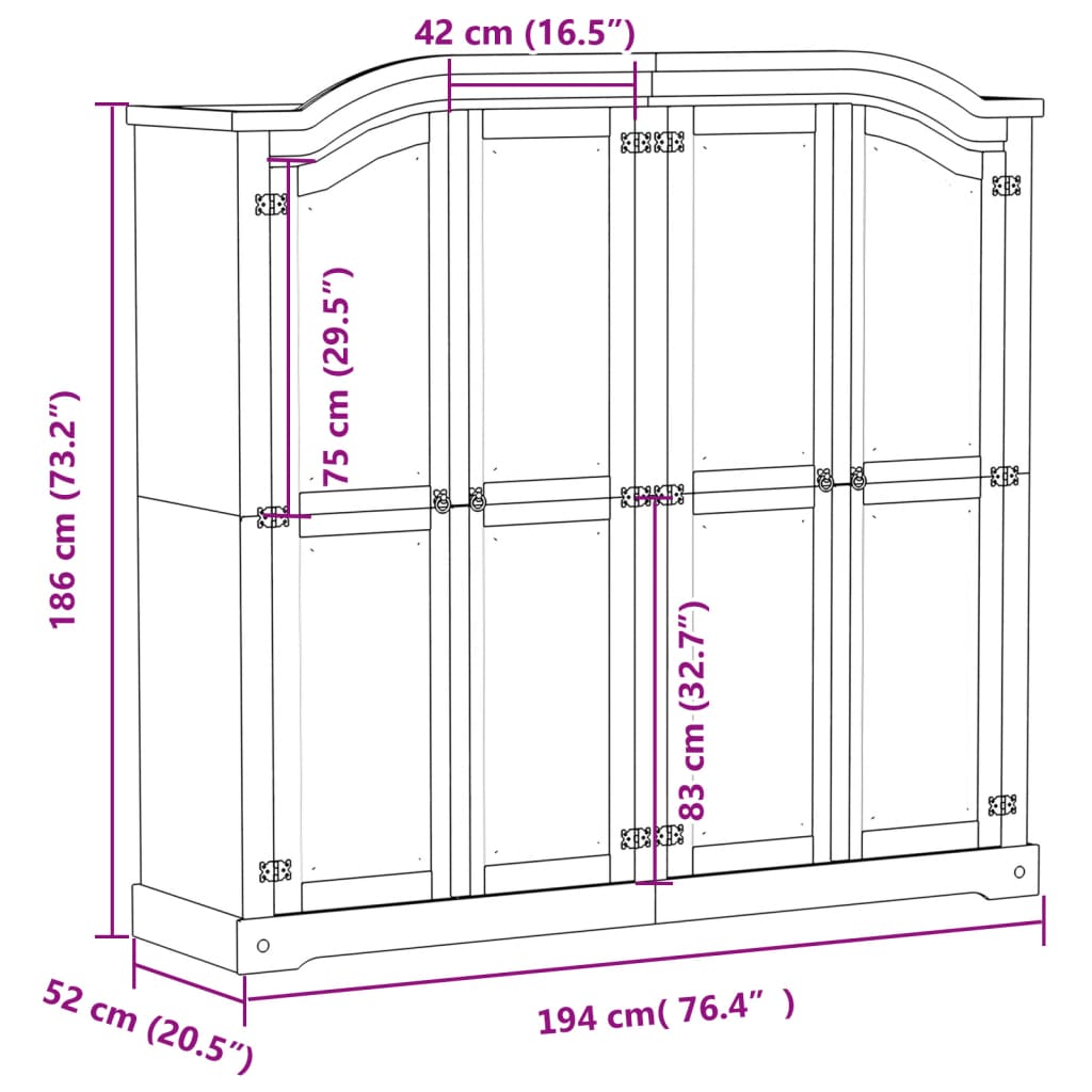 vidaXL Kledingkast Corona 194x52x186 cm massief grenenhout