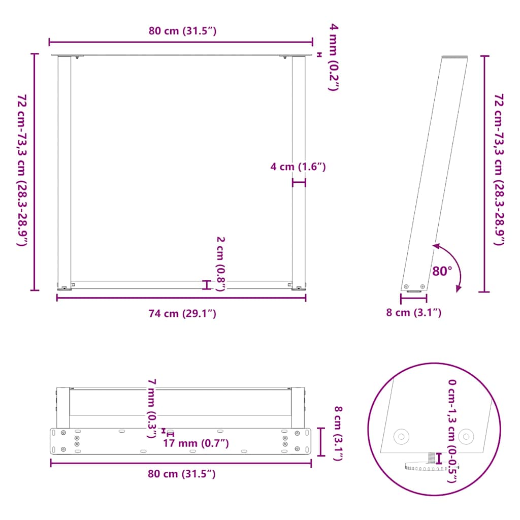 vidaXL Coffee table legs 2 pcs U-shaped 30x(30-31) cm steel black