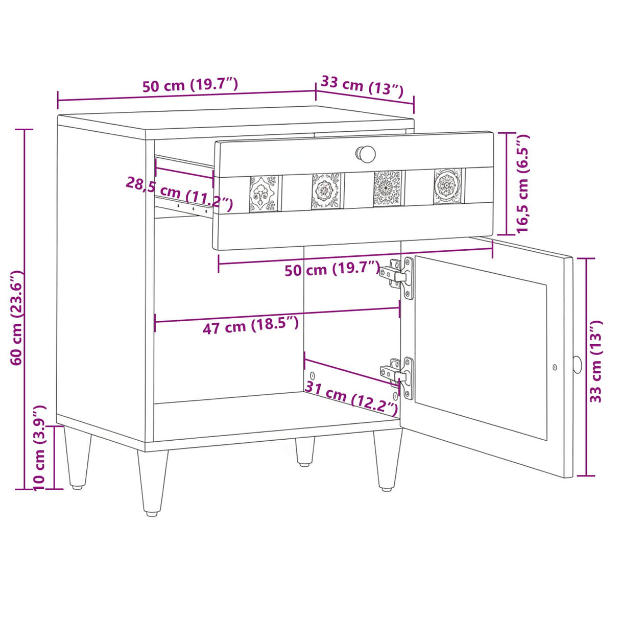 vidaXL Nightstand with Drawer Brown 50 x 33 x 60 cm Solid Mango Wood