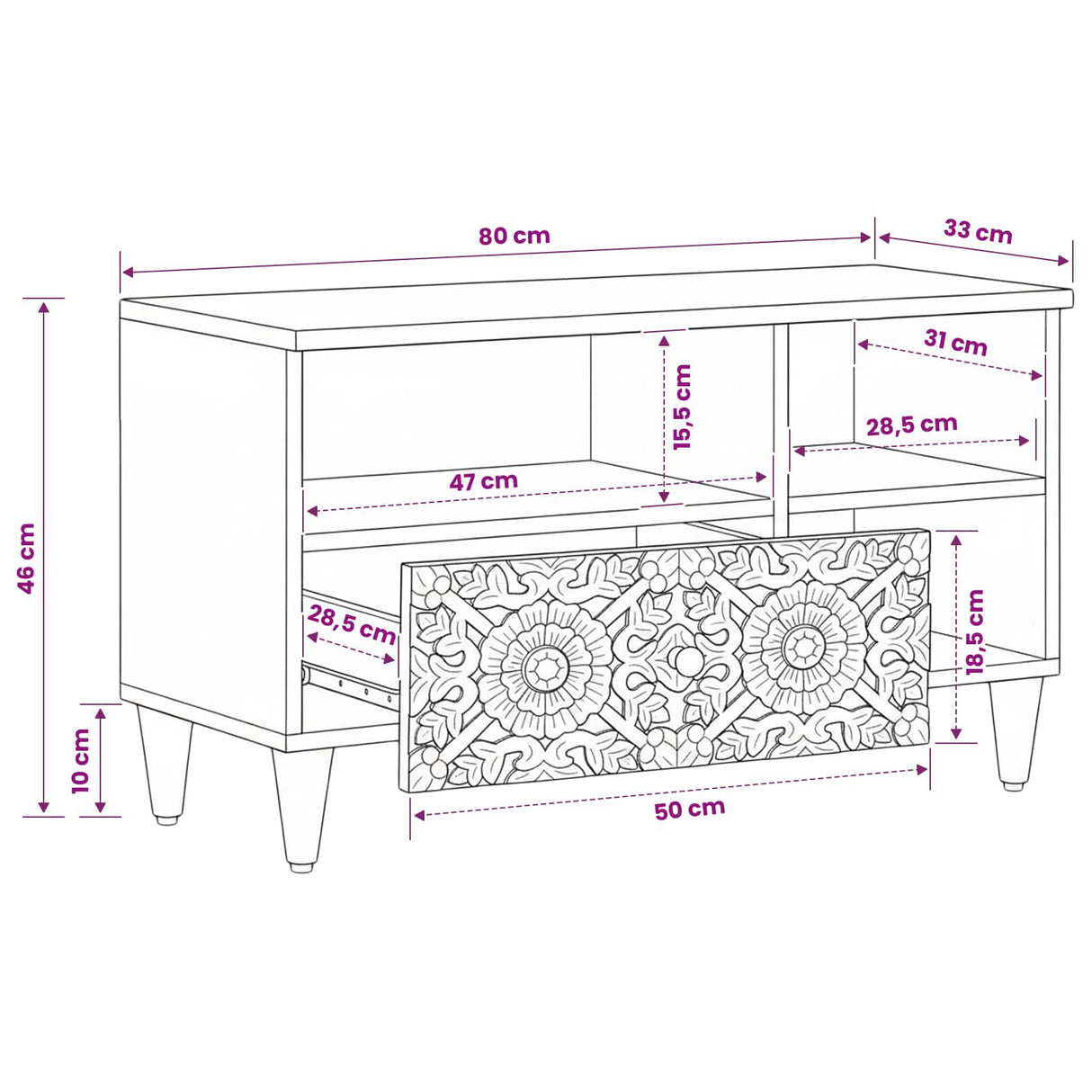 vidaXL TV Kast met lade Wit 80 x 33,5 x 46 cm Massief Mango Hout