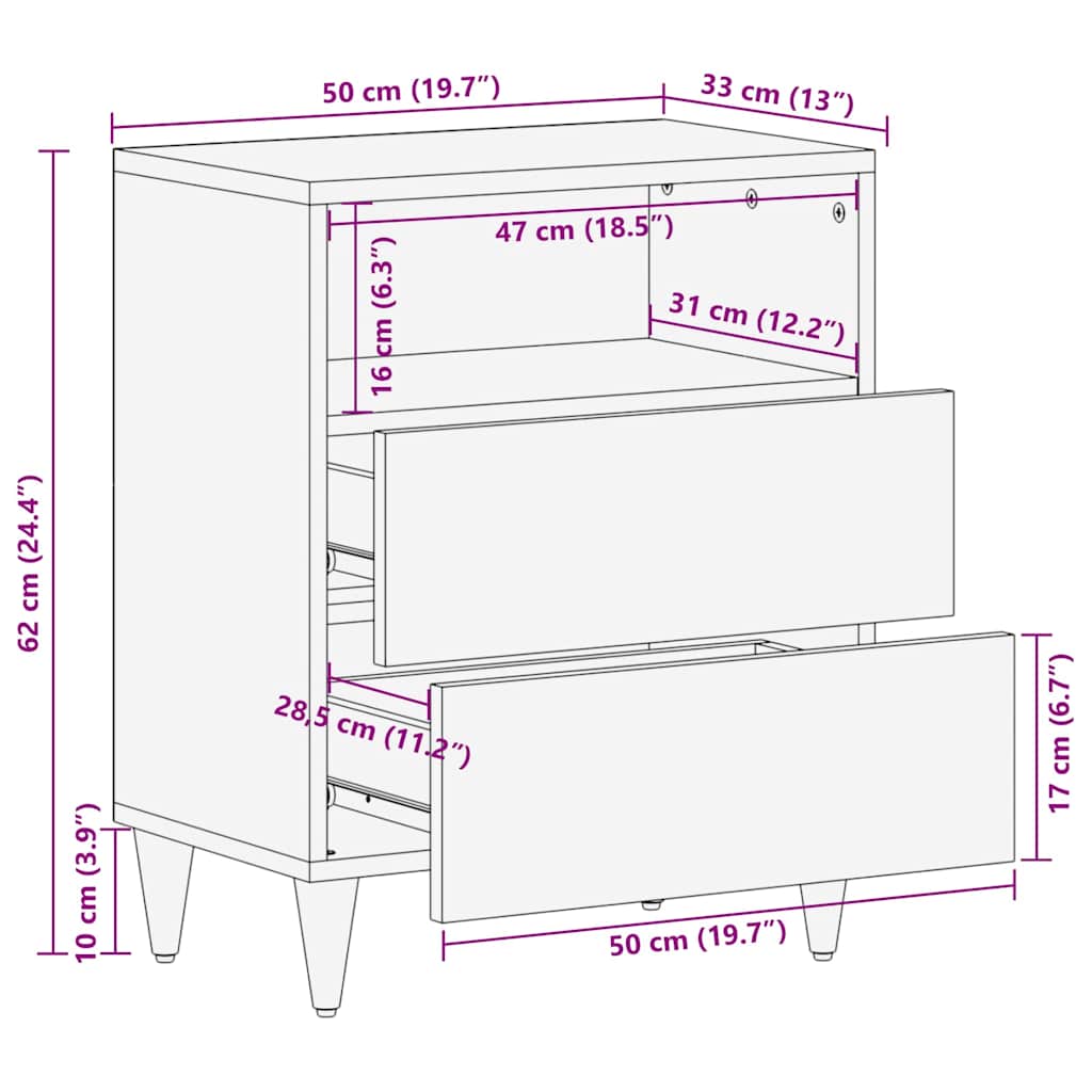 vidaXL Nightstand Honey Brown 50 x 33 x 62 cm Solid Mango Wood