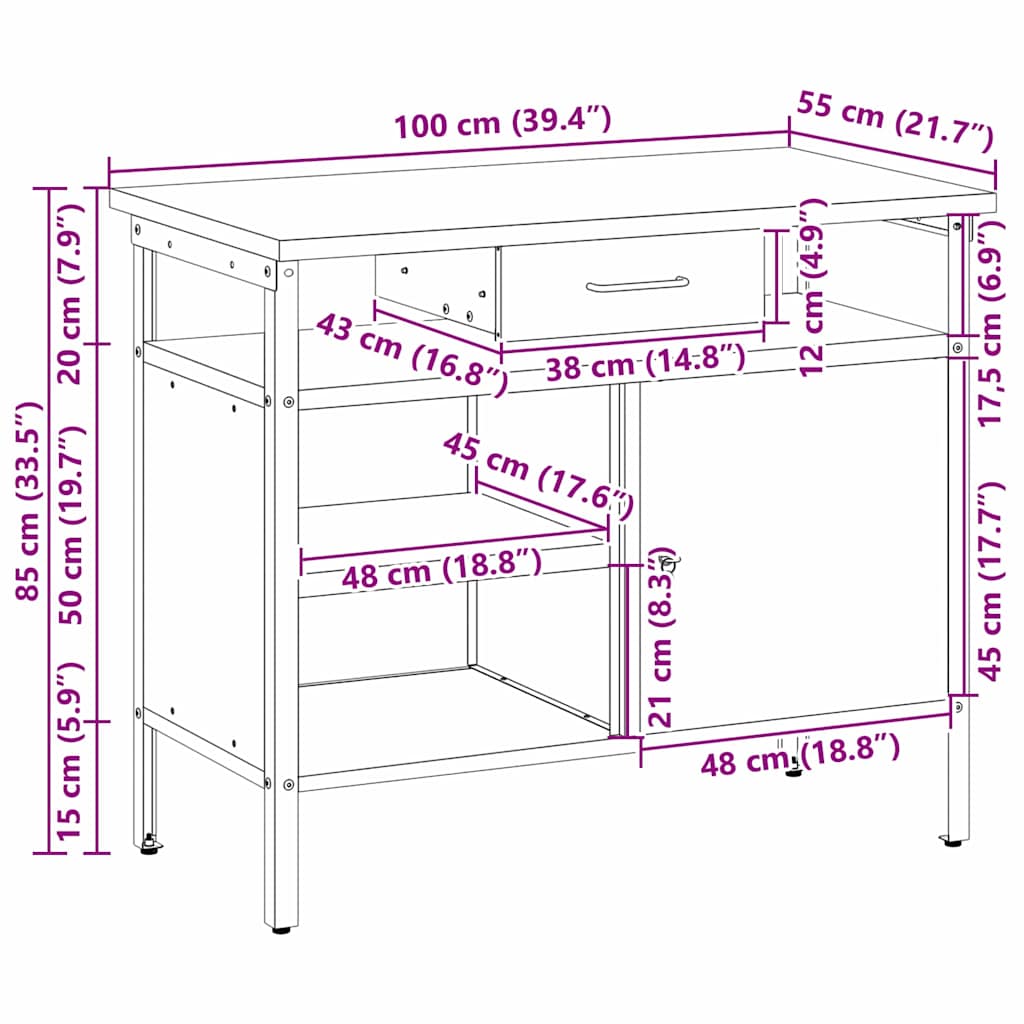 vidaXL Werkbank met lade met plank Zwart en Grijs 100 x 55 x 85 cm