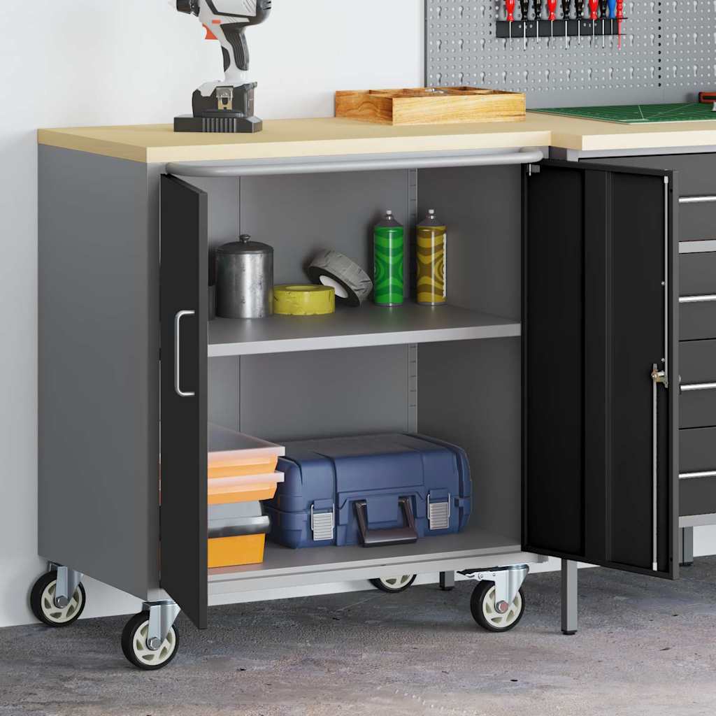 vidaXL Werkbank met plank met wiel Zwart en Grijs 75 x 45 x 85 cm