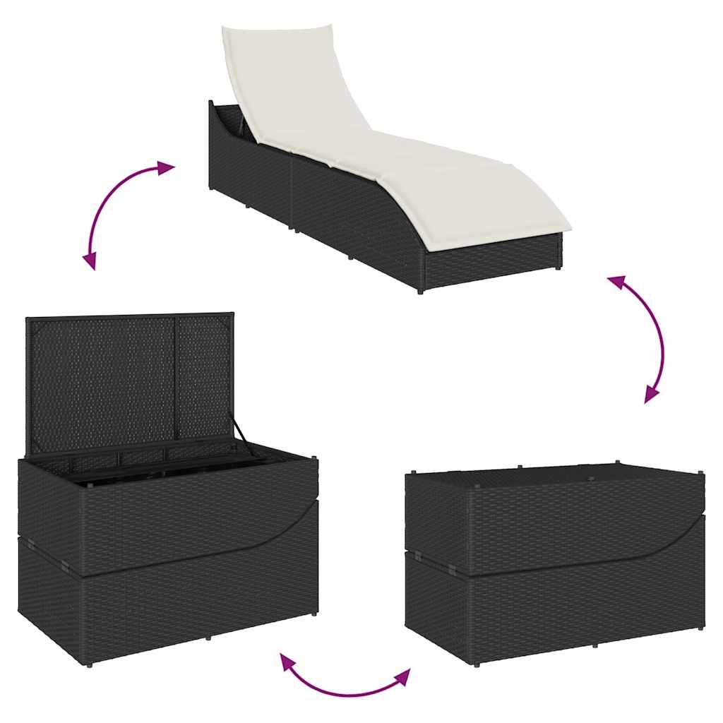 vidaXL Folding Sun Lounger with Cushion Storage Poly Rattan Black