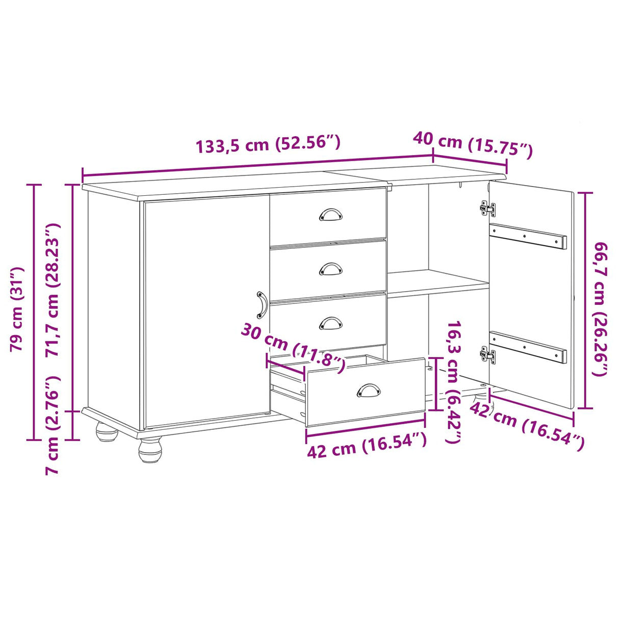 vidaXL Sideboard with Drawer ASKIM 133.5 x 40 x 79 cm Solid Pinewood