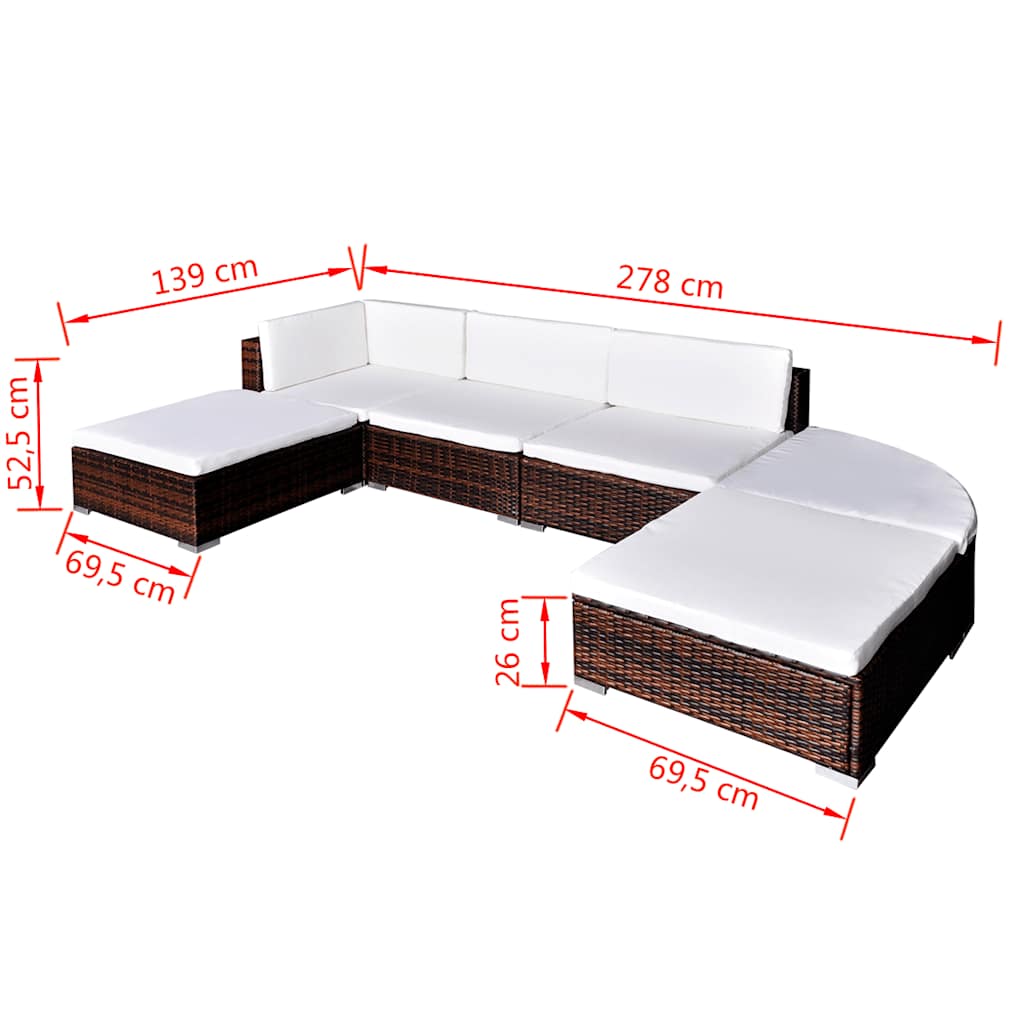 vidaXL 6-delige Loungeset met kussens poly rattan bruin