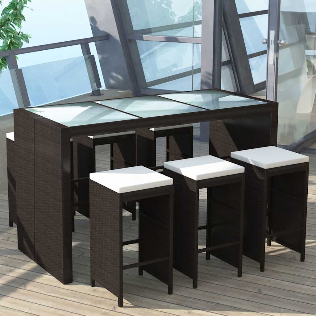 vidaXL 7-Piece Garden Bar Set with Cushions Poly Rattan Brown
