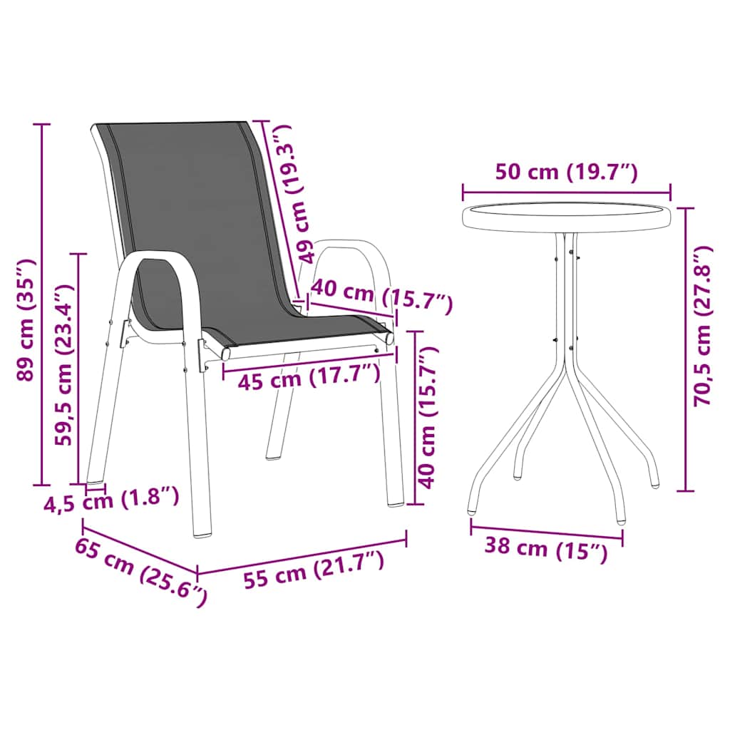 vidaXL Tuin Bistro Set 3 pcs Zwart Staal