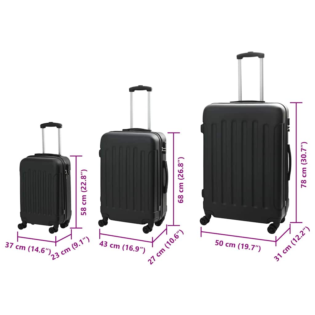 vidaXL Koffer met slot 3 pcs Zwart 50 x 31 x 78 cm ABS Kunststof