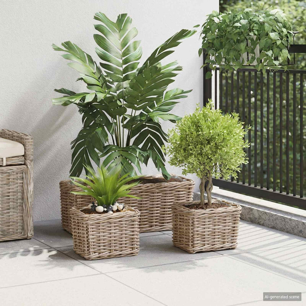 vidaXL Plantenemmertje met opslag 3 pcs Grijs Kubu Rattan