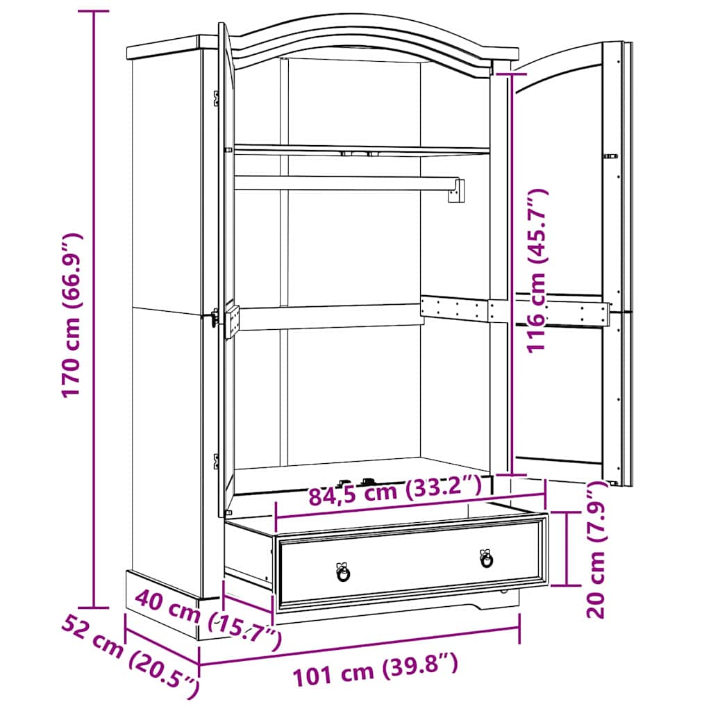 vidaXL Kledingkast Corona Wit 101 x 52 x 170 cm Massief grenenhout