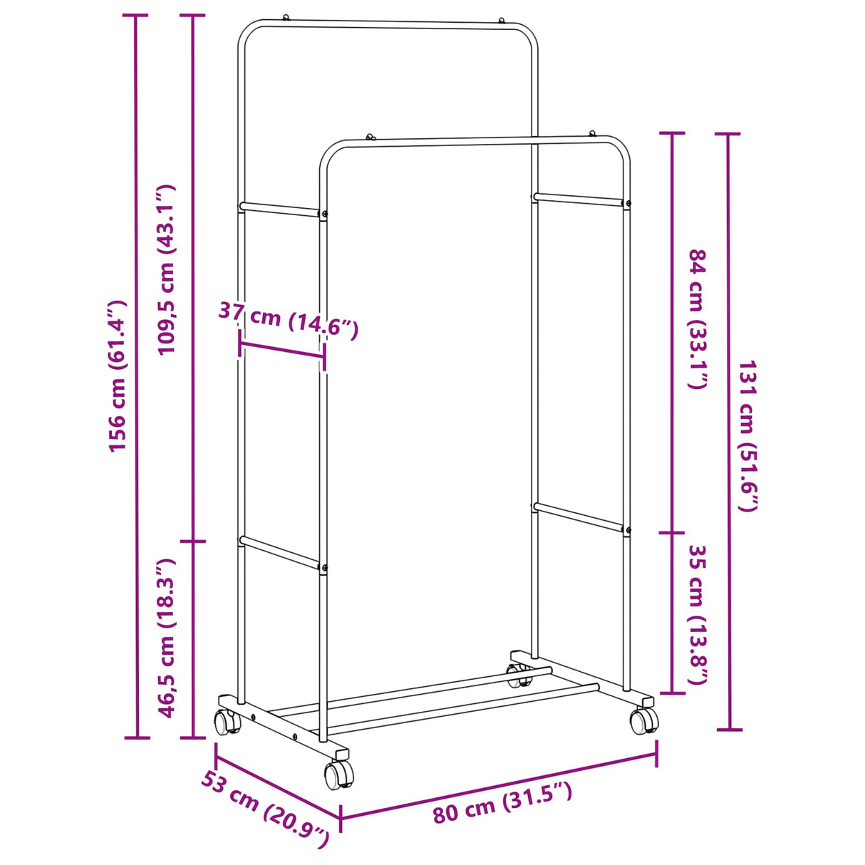 vidaXL Kledingrek Effen Zwart 80 x 53 x 156 cm