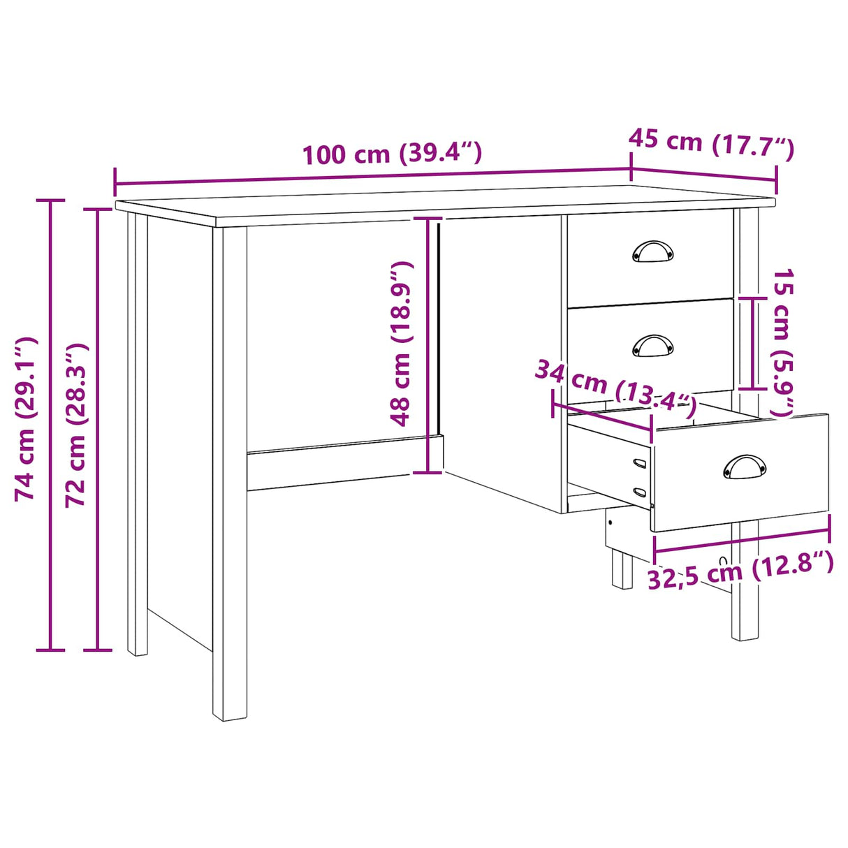 vidaXL Desk with Drawers with Drawer Honey Brown 100 x 45 x 74 cm
