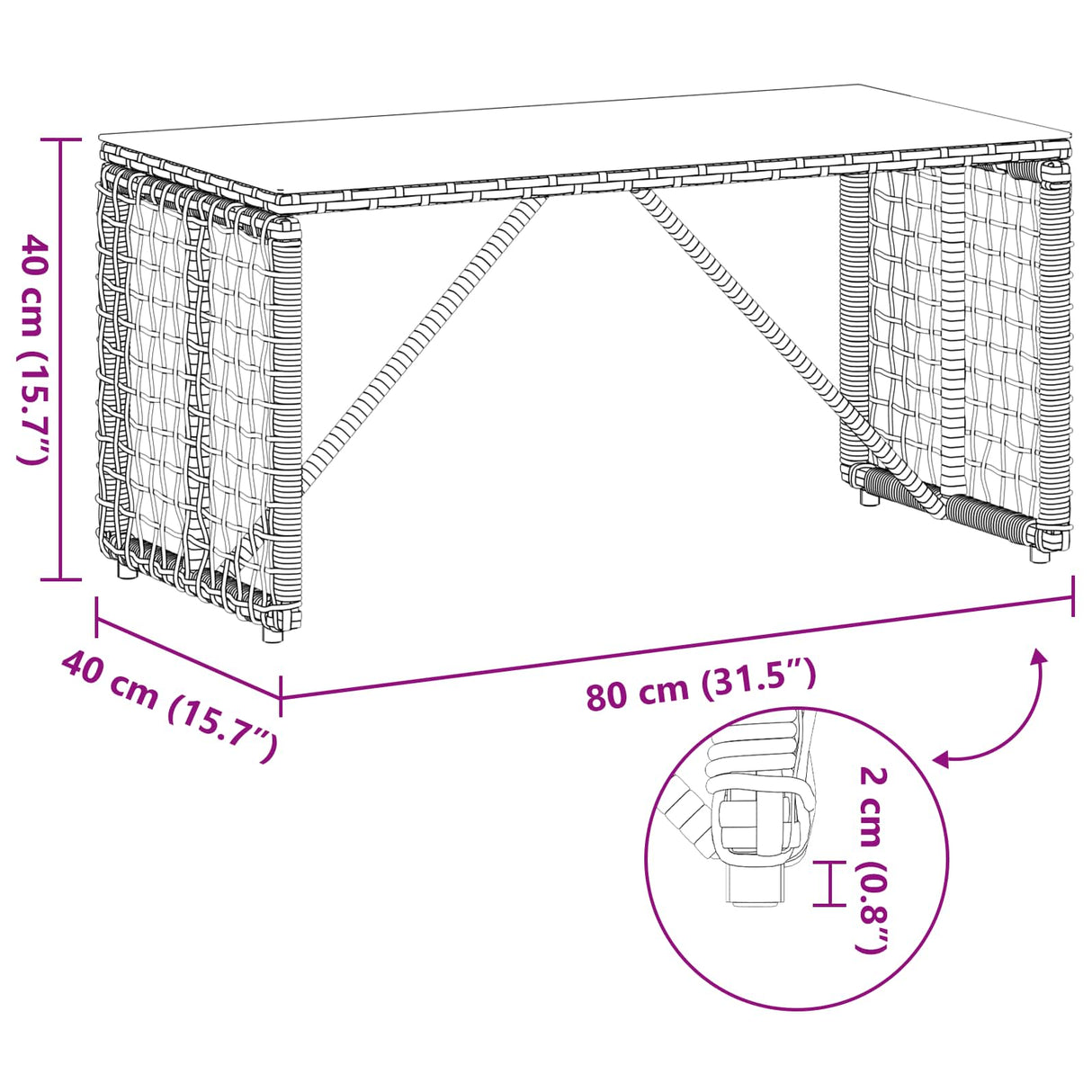 vidaXL Garden Table Black 80 x 40 x 40 cm PE Rattan and Glass