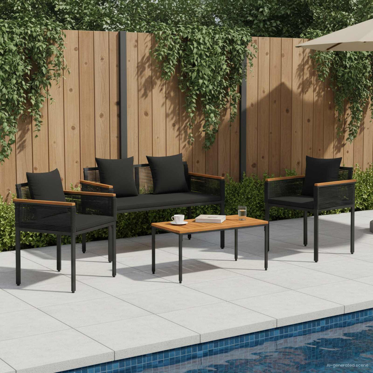 vidaXL Buitenmeubels set met kussen 4 pcs Zwart PE Riet