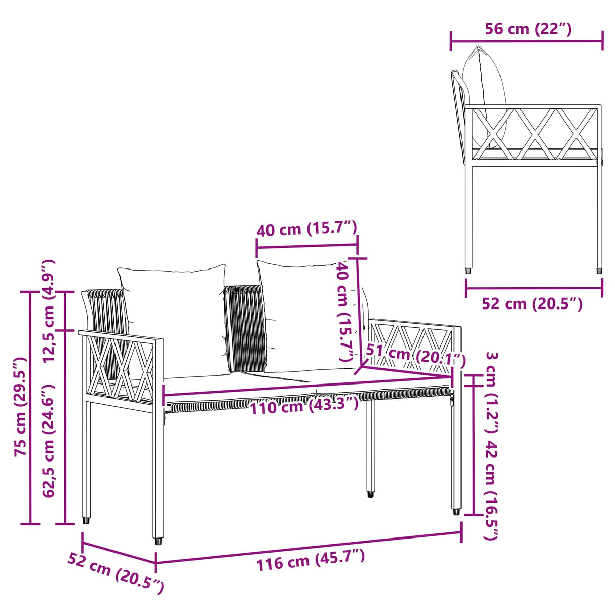 vidaXL Buitenbanken 2 -Seater 116 x 56 x 75 cm poly rattan
