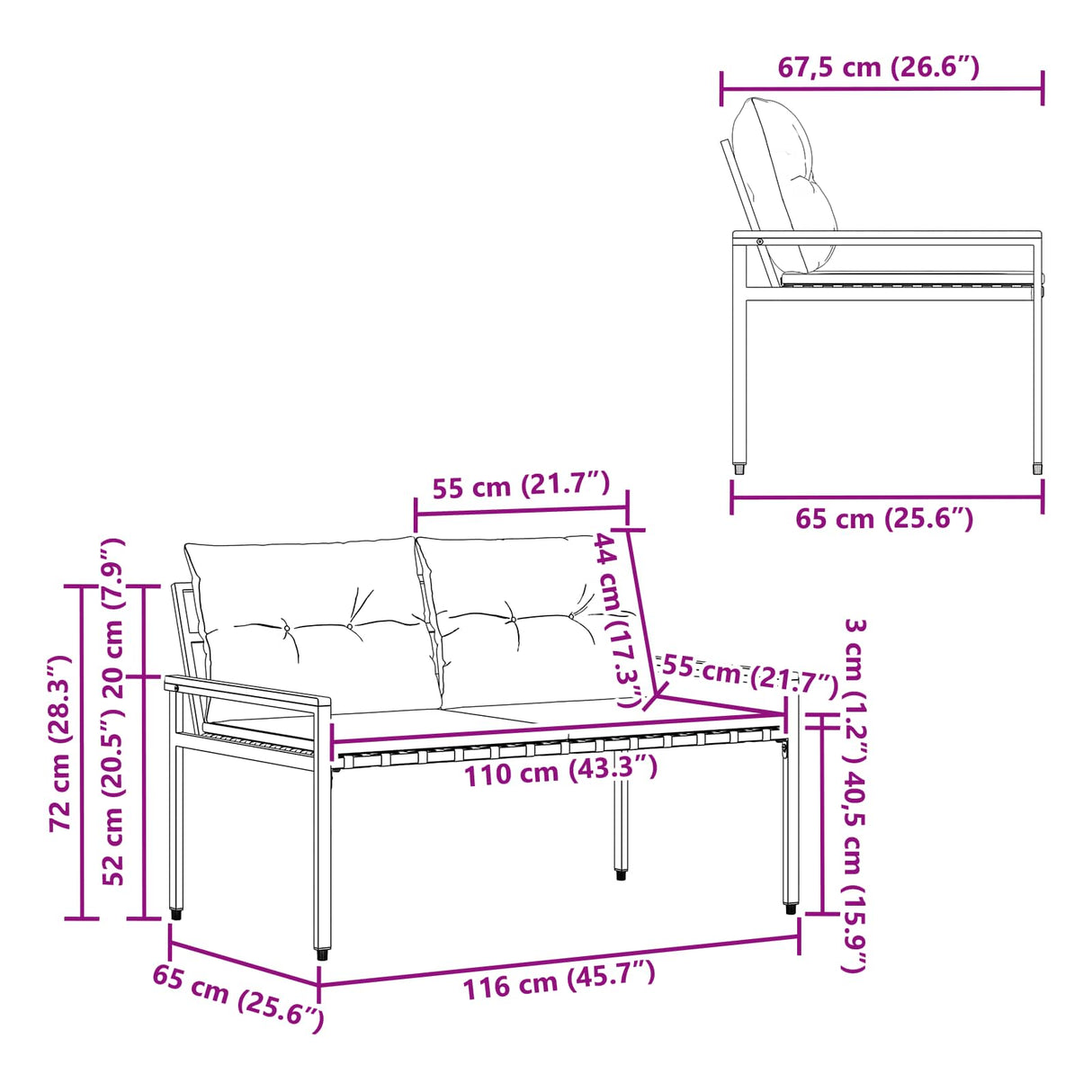 vidaXL Garden Bench 2-Seater 116 x 67.5 x 72 cm poly rattan Cream white