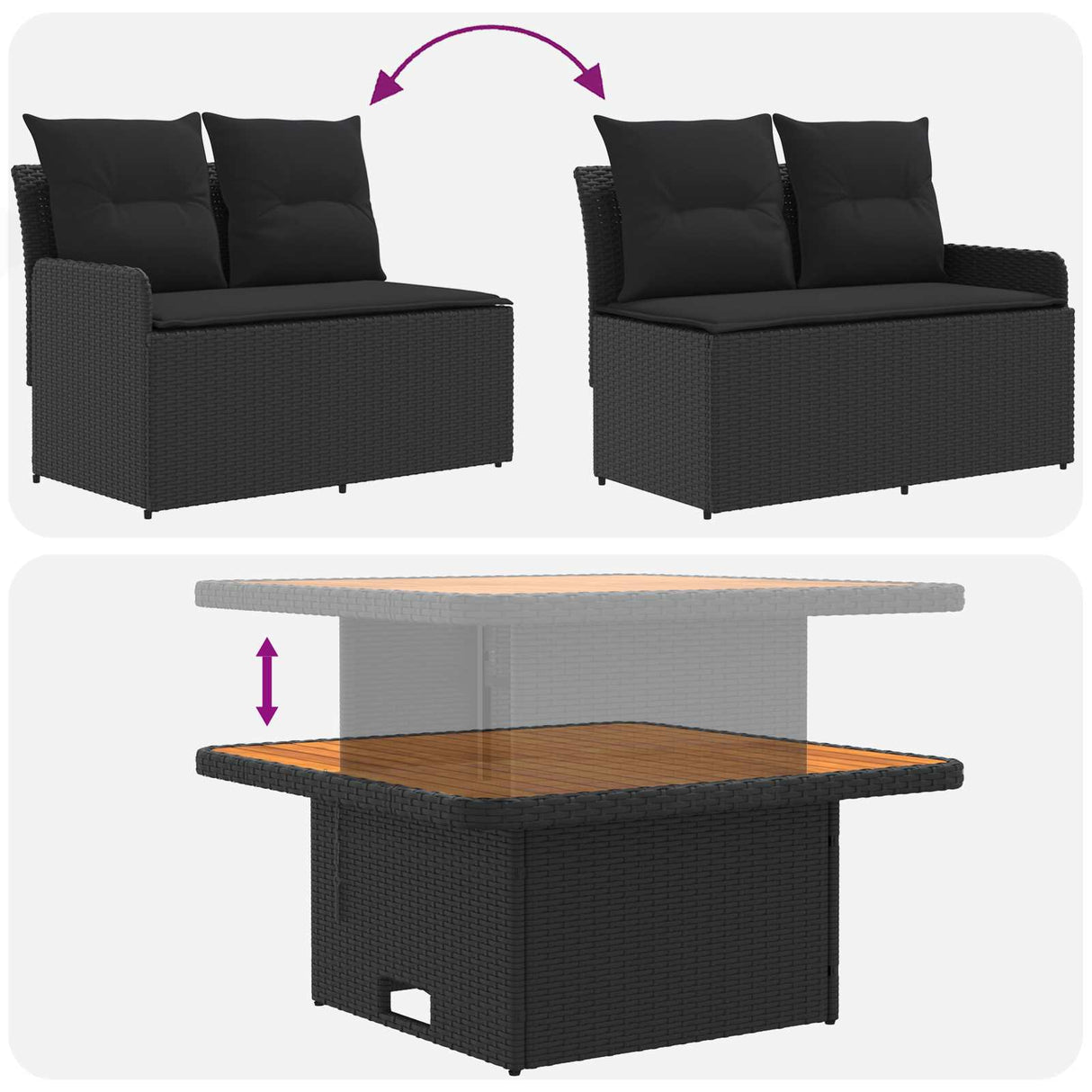 vidaXL Tuin Armleuning Sofa met Opklapbare Tafel 2 Stuk Zwart PE Riet