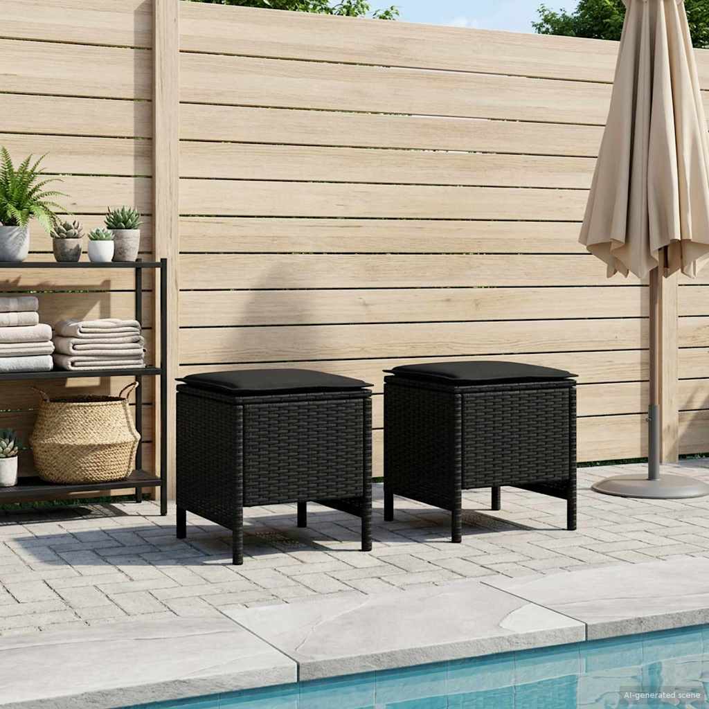 vidaXL Tuin Voetenbank met kussen 2 Stuk Zwart 38 x 38 x 45 cm PE Riet