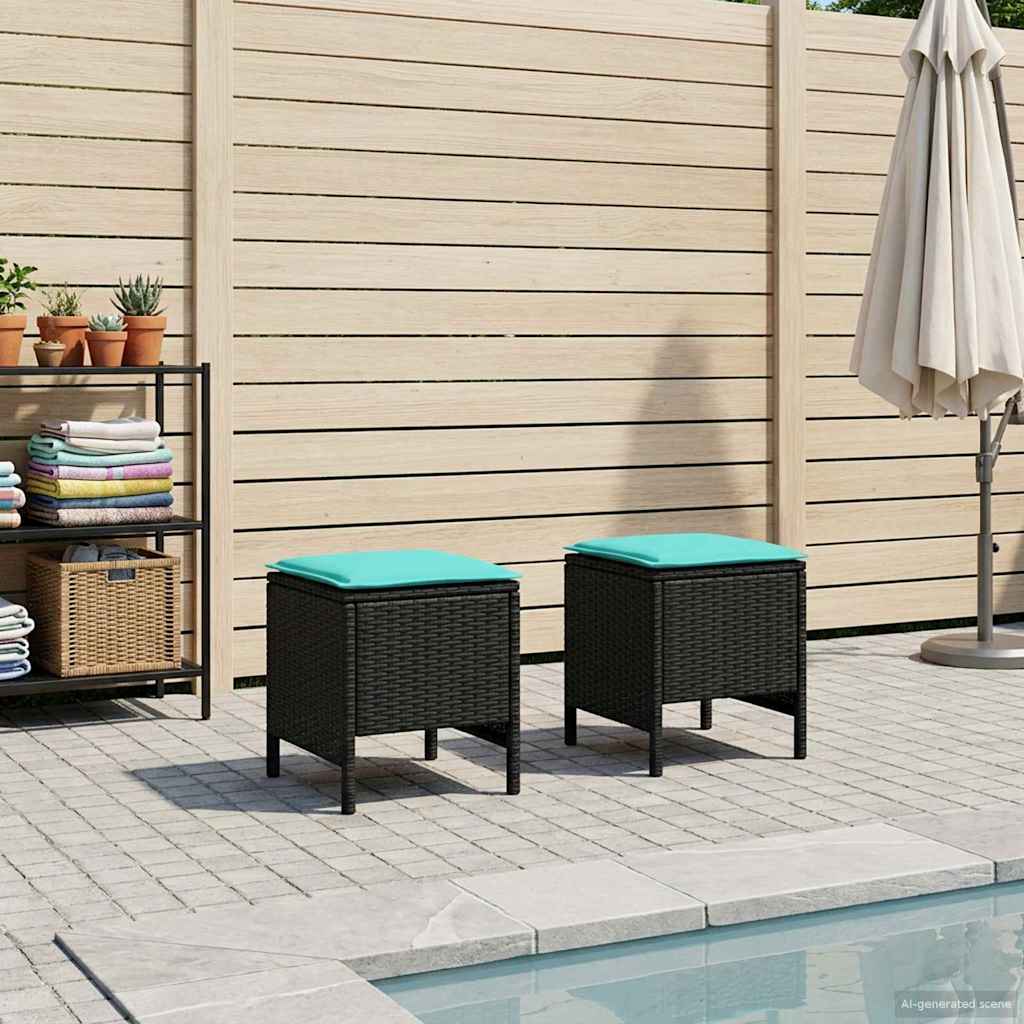 vidaXL Tuin Voetenbank met kussen 2 Stuk Zwart 38 x 38 x 45 cm PE Riet