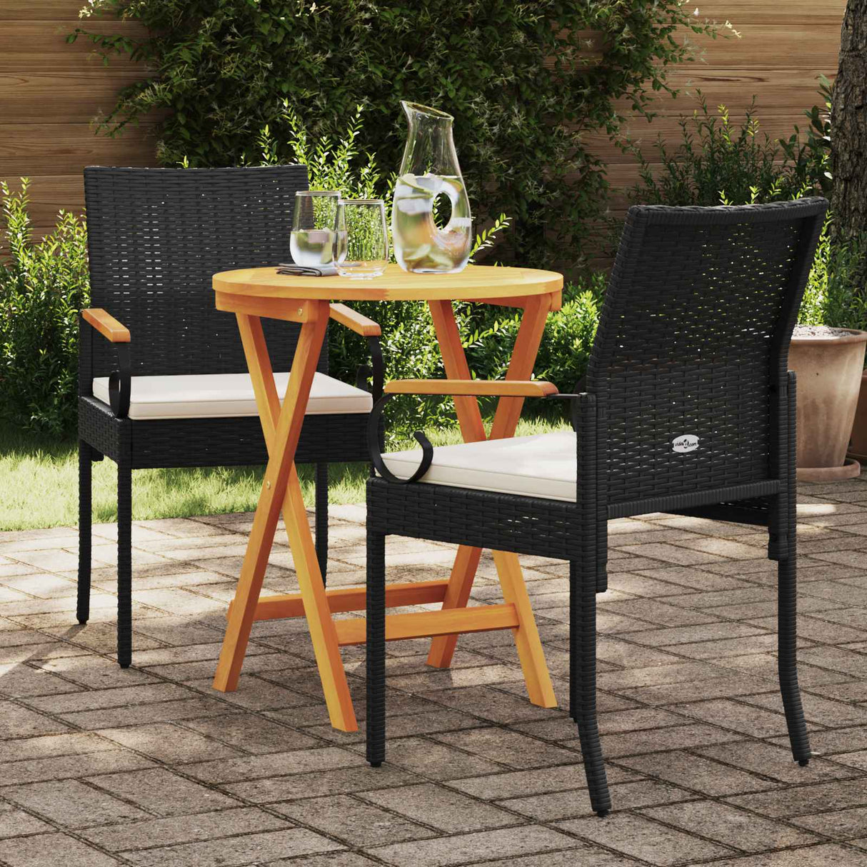 vidaXL Garden Dining Chairs 2 pcs Black and Cream White Poly Rattan and and Acacia Wood