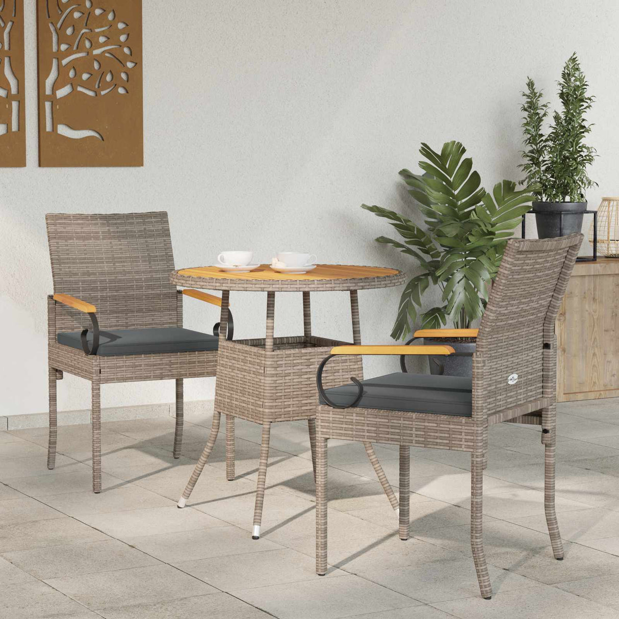 vidaXL Garden Dining Chairs 2 pcs Black and Cream White Poly Rattan and and Acacia Wood