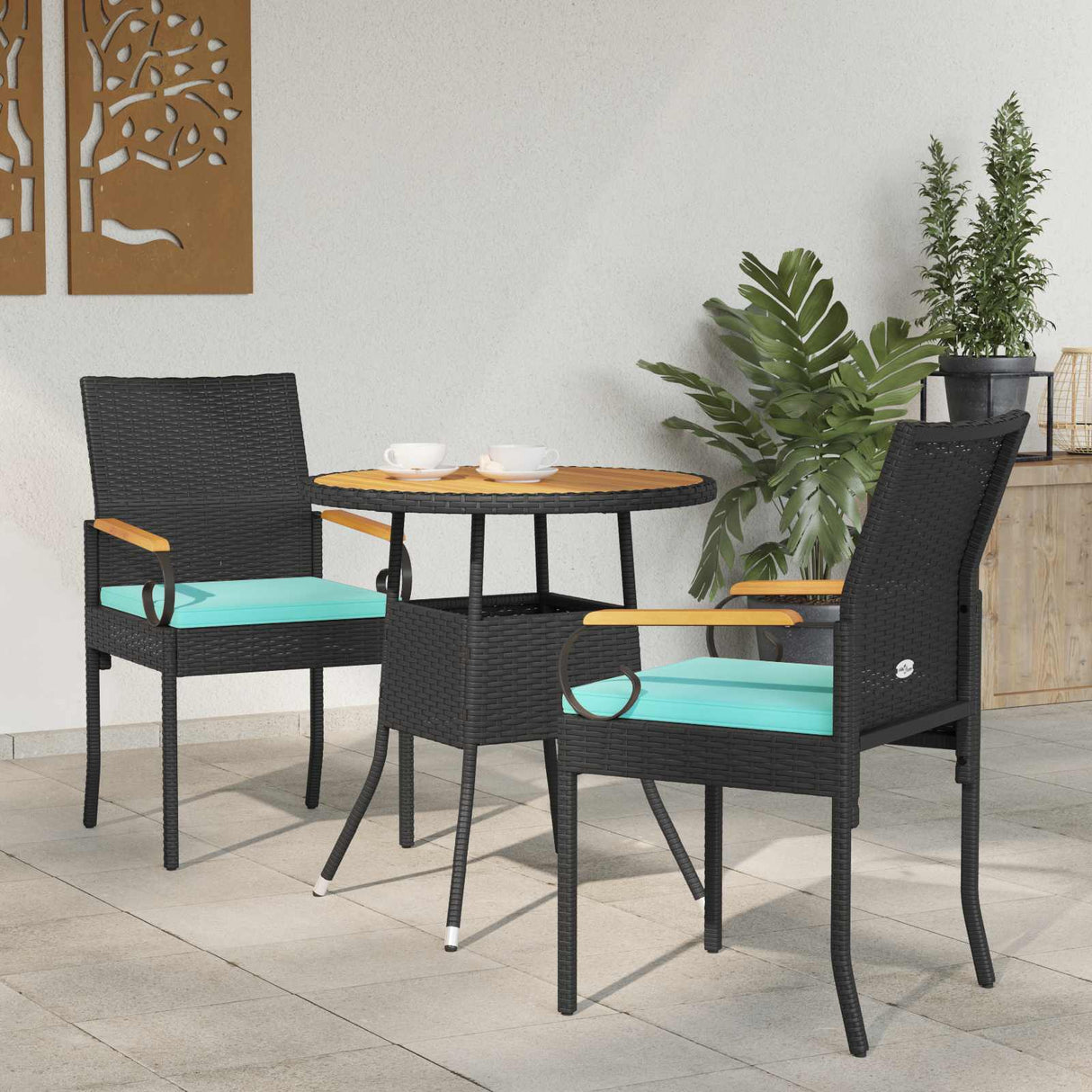 vidaXL Garden Dining Chairs 2 pcs Black and Cream White Poly Rattan and and Acacia Wood