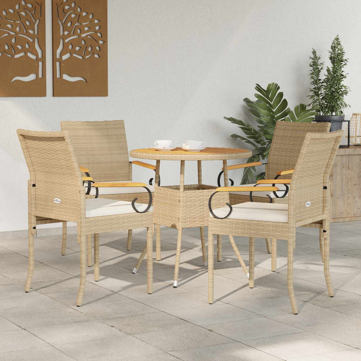 vidaXL Garden Dining Chairs 2 pcs Black and Cream White Poly Rattan and and Acacia Wood