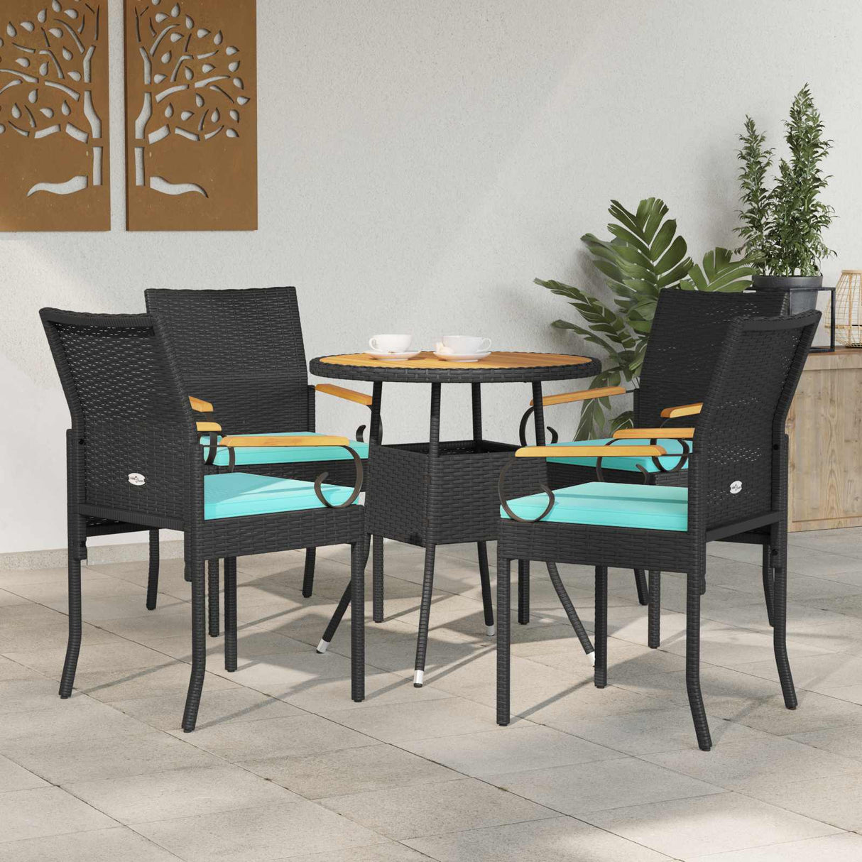 vidaXL Garden Dining Chairs 2 pcs Black and Cream White Poly Rattan and and Acacia Wood