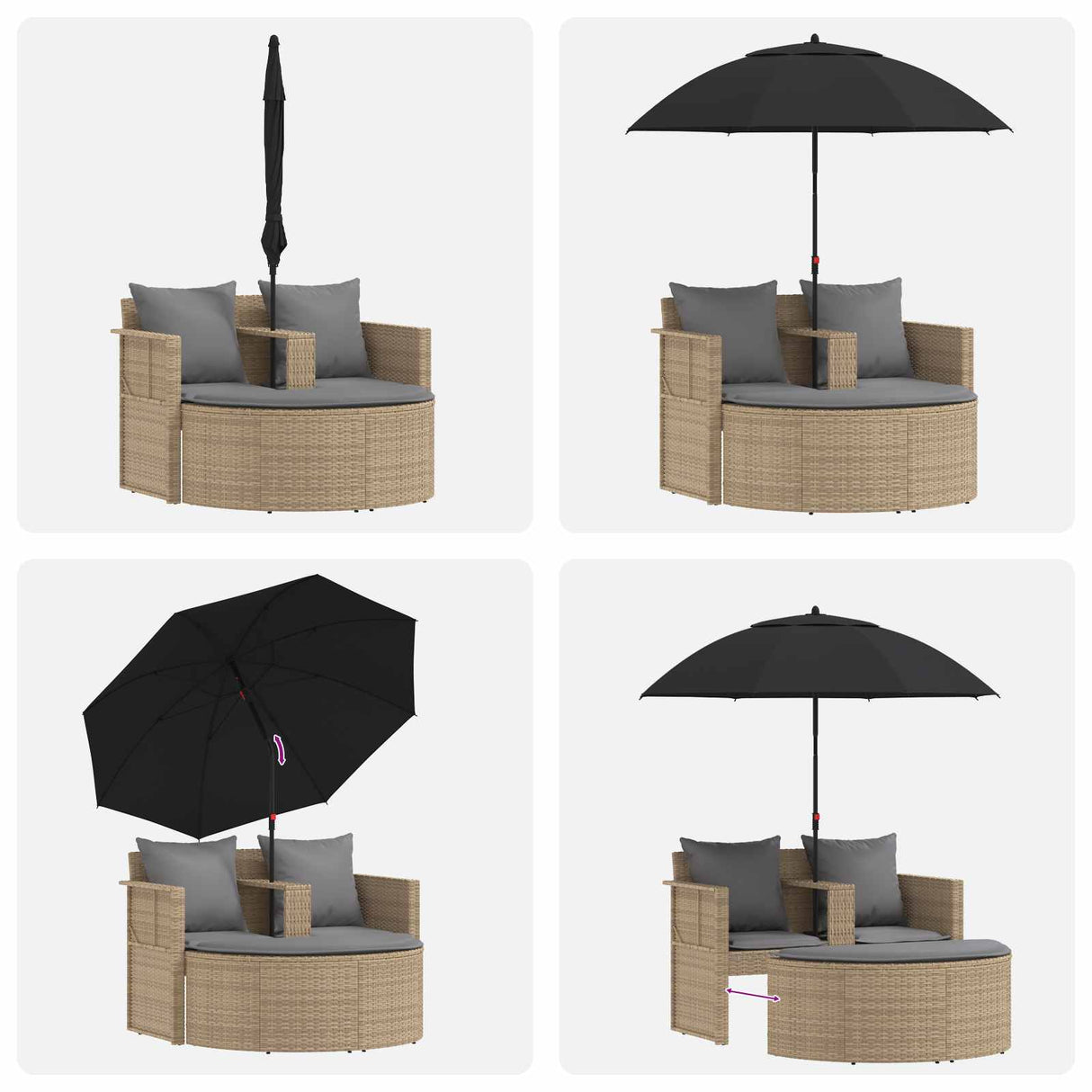 vidaXL Tuinbed met parasol poly rattan bruin