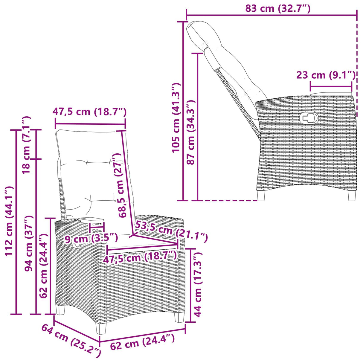 vidaXL Verstelbare stoel met theetafel Zwart 62 x 64 x 112 cm