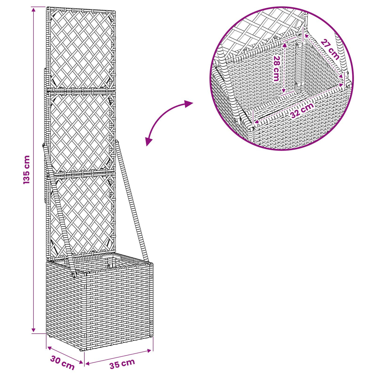 vidaXL Tuinplanter met Trellis Grijs 35 x 30 x 135 cm poly rattan