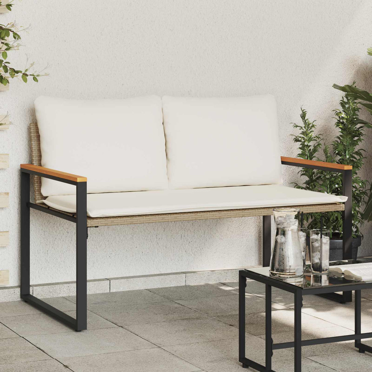 vidaXL Bank met kussen Zwart en Crème Wit 115 x 65 x 72 cm Rattan