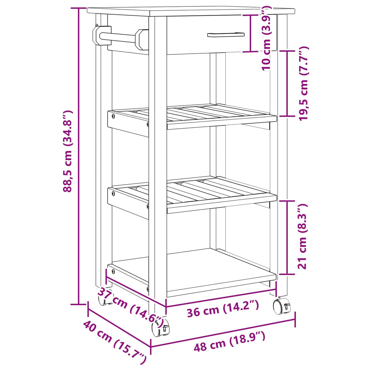 vidaXL Keukentrolley MONZA 48x40x88,5 cm massief grenenhout