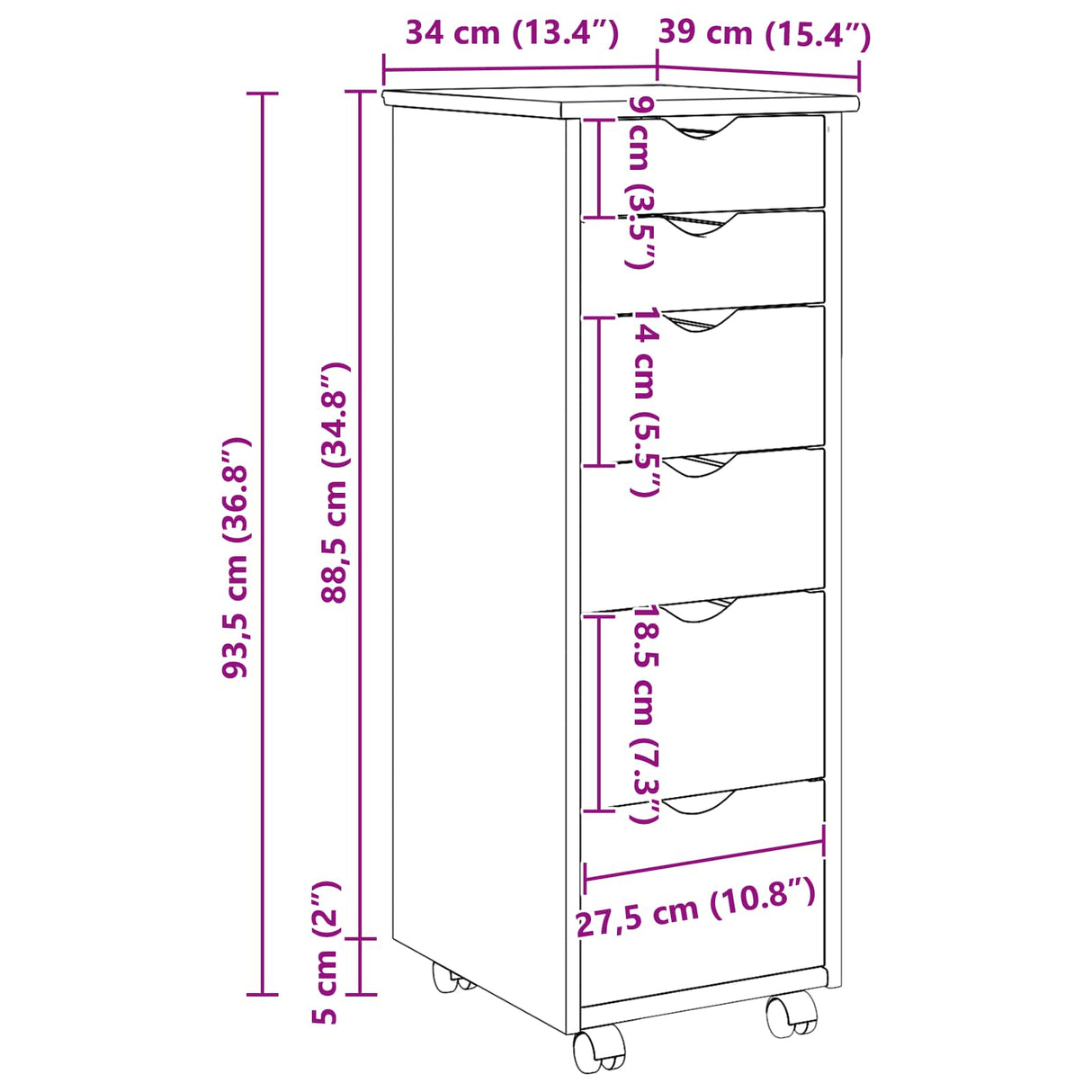 vidaXL Rolling Cabinet Honey Brown 34 x 39 x 93.5 cm Solid Spruce Wood
