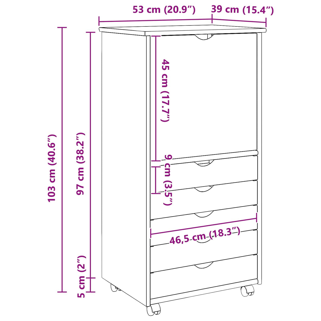 vidaXL Rollende kast Honing bruin 53 x 39 x 103 cm Massief vurenhout