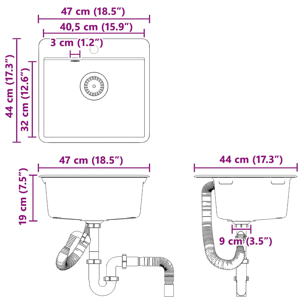 vidaXL Wasbak Zwart 470 x 440 mm Graniet