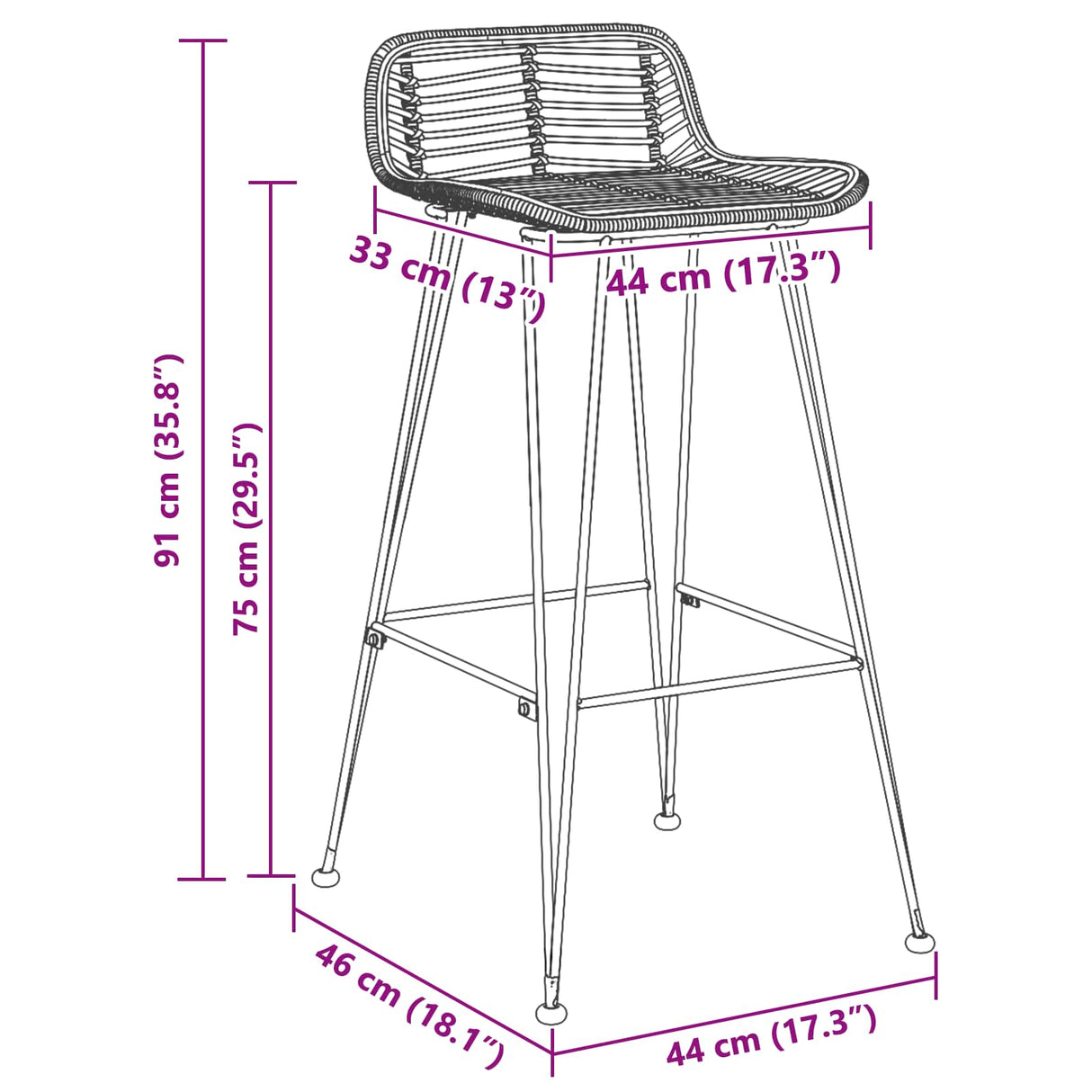 vidaXL Barkruk 44 x 46 x 91 cm Staalstaaf Dia, 10mm