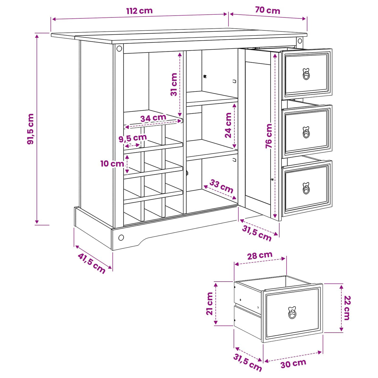 VidaXL Kitchen Storage Honey Wax 112 x 70 x 91.5 cm Solid Pine