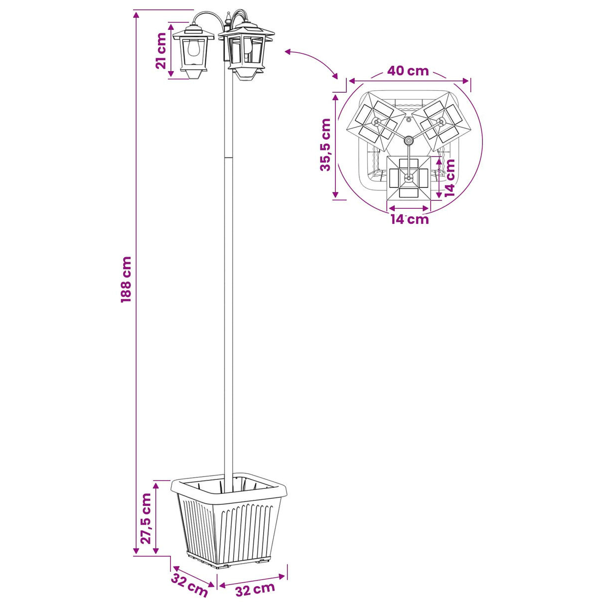 vidaXL 3-Arm Lantaarnpaal with LED Bulb Zwart 16 x 16 x 187 cm