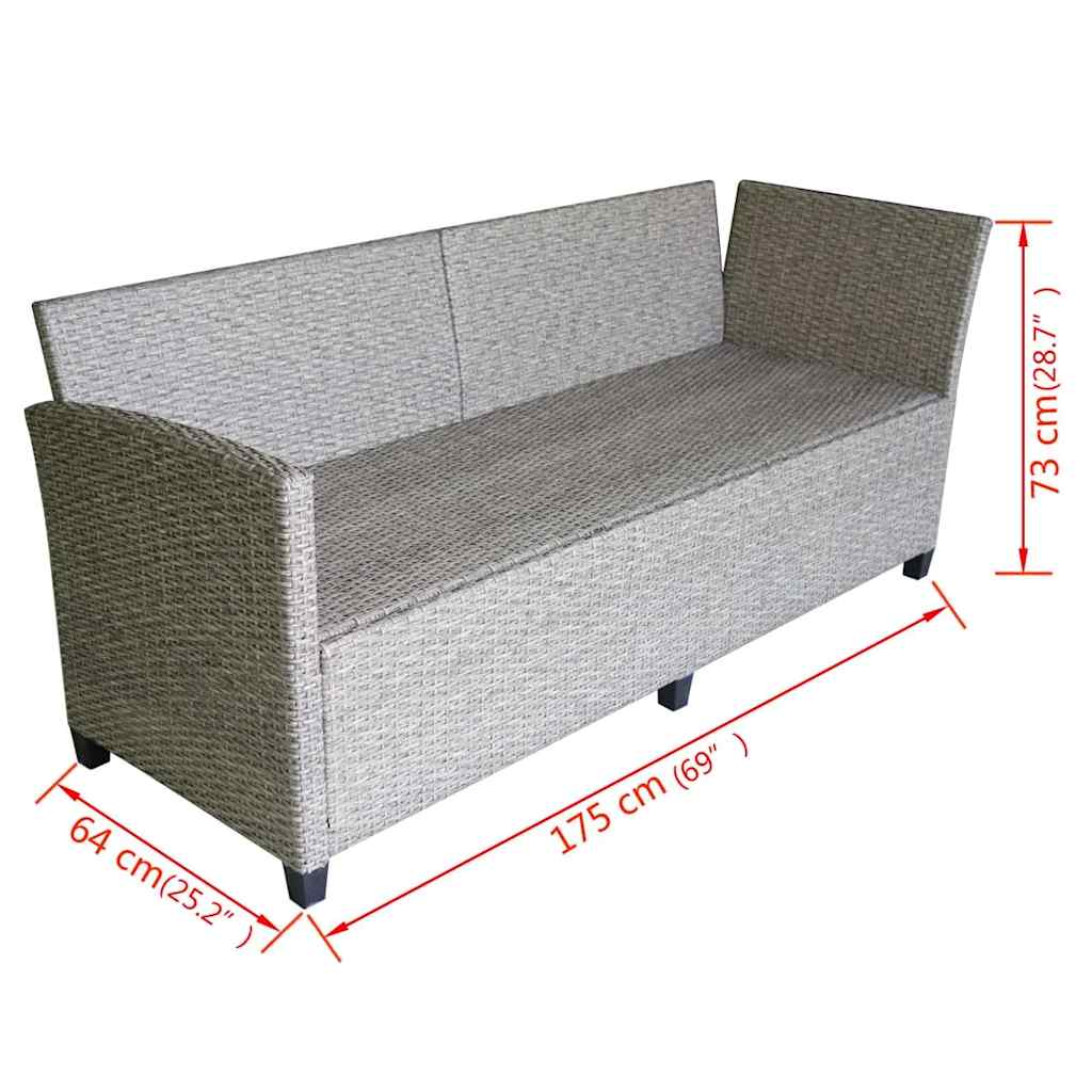vidaXL 3-delige Loungeset met kussens poly rattan grijs