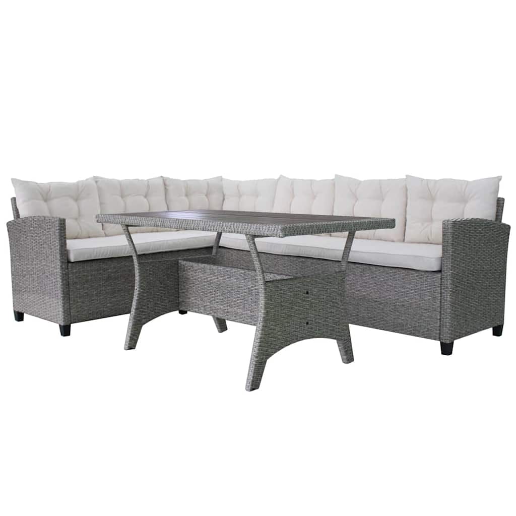 vidaXL 3-delige Loungeset met kussens poly rattan grijs